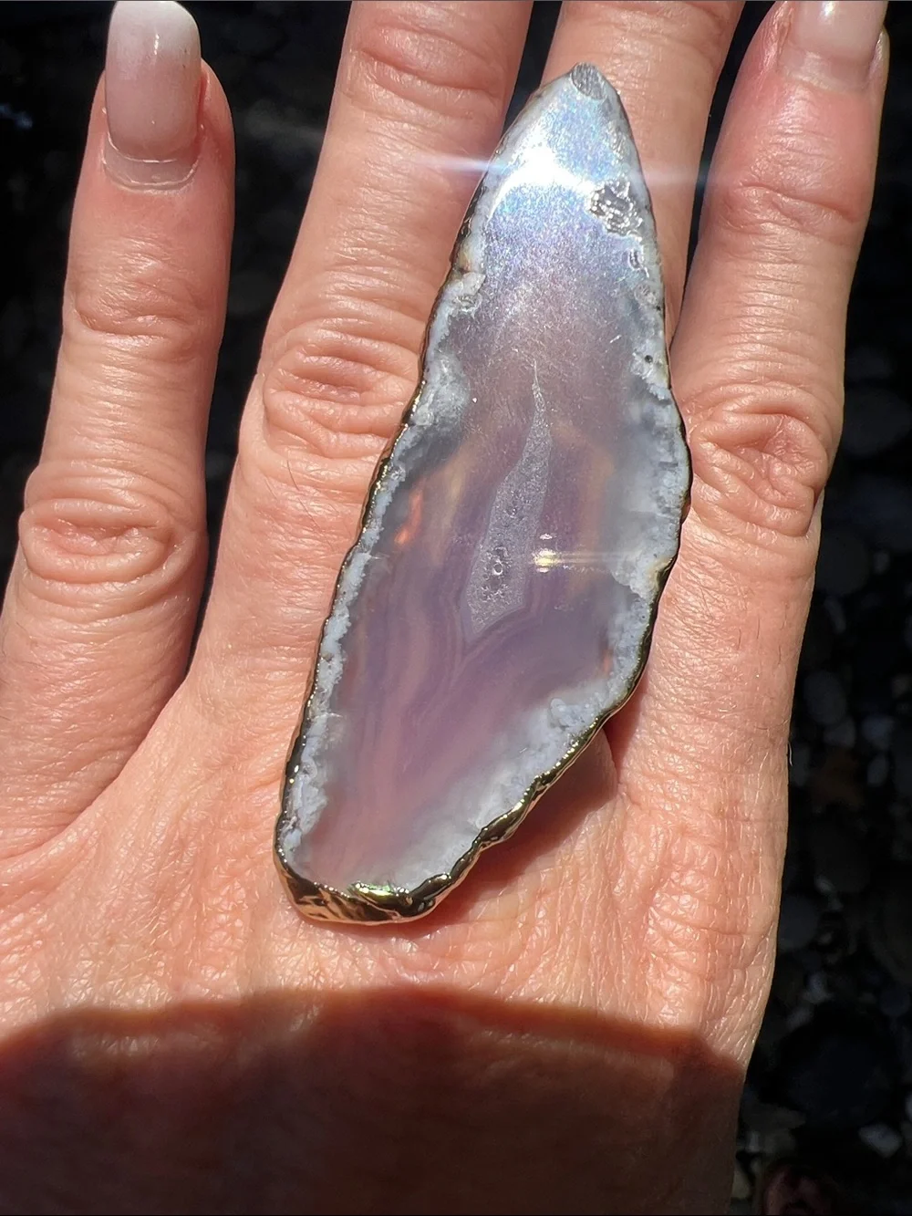 Long Lavender Agate Statement Ring with Gold Edge
